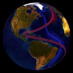 An illustration of the Earth with blue and red lines swirling through the Atlantic